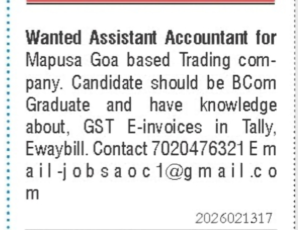 Assistant Accountant – Mapusa, Goa