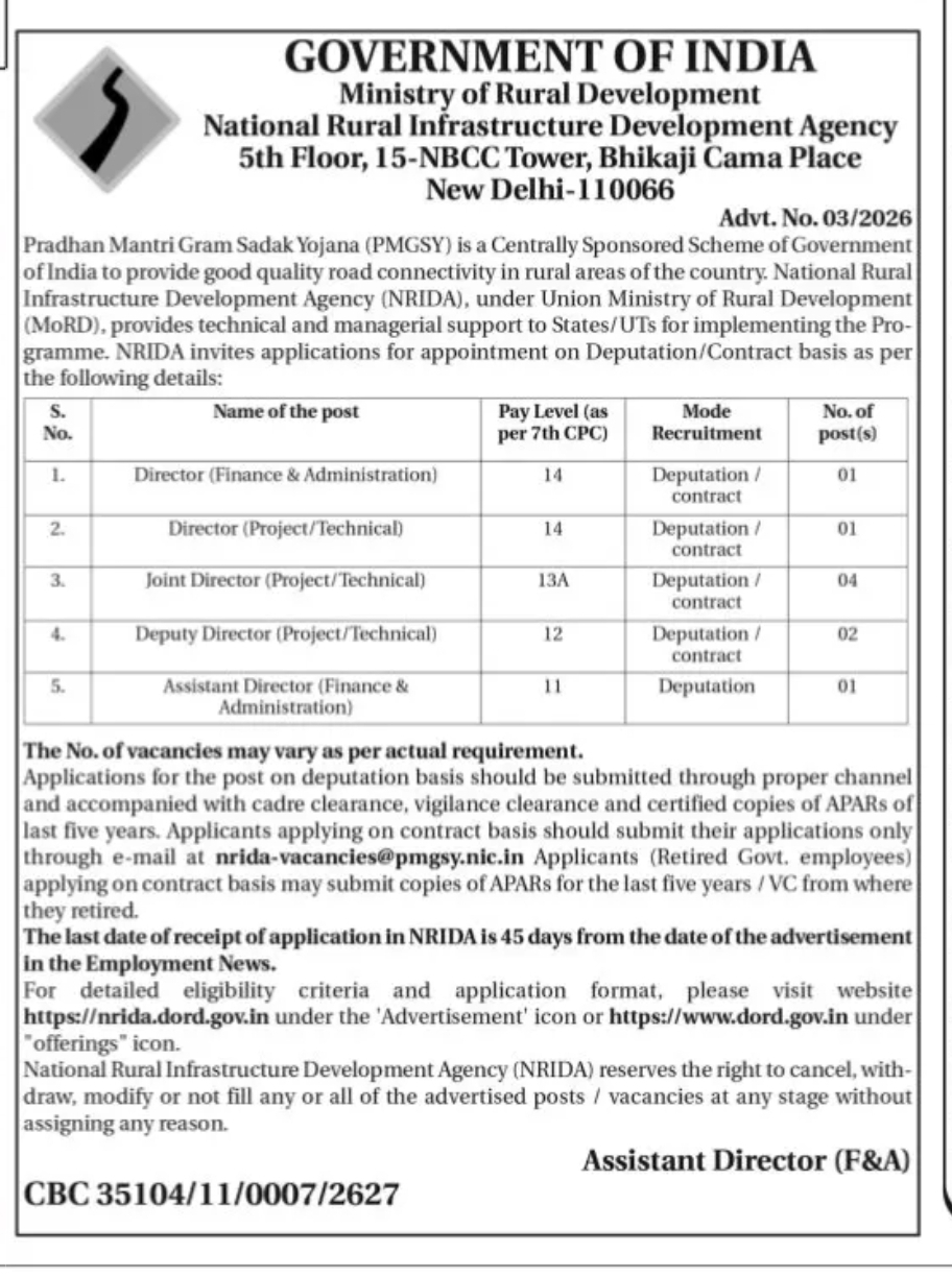 Assistant Director (Finance & Administration) Recruitment 2026 – NRIDA