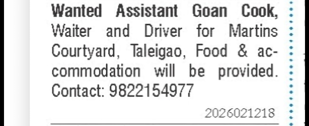 Assistant Goan Cook, Waiter & Driver Required