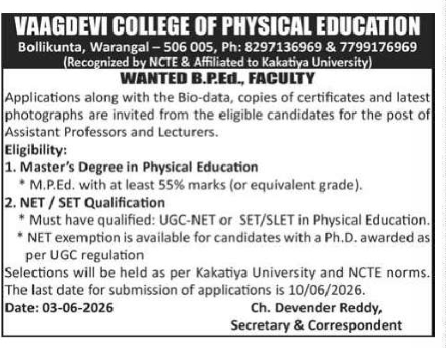Assistant Professor / Lecturer – Physical Education