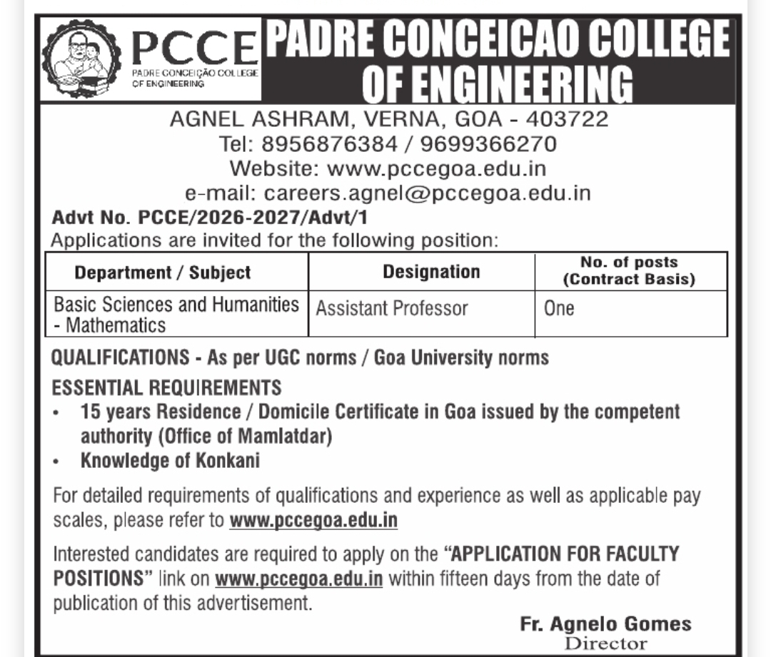 Assistant Professor (Mathematics) Recruitment 2026 – Padre Conceicao College of Engineering, Goa