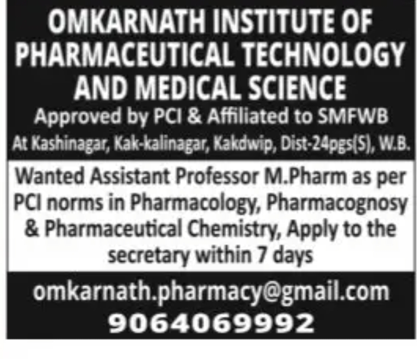 Assistant Professor Recruitment – Omkarnath Institute of Pharmaceutical Technology and Medical Science