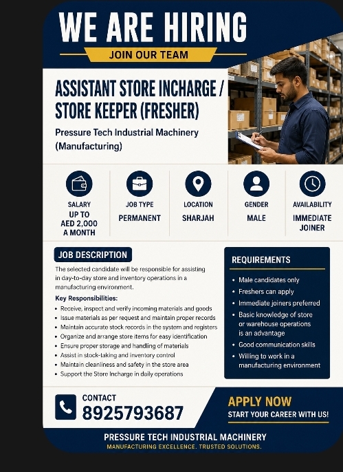 Assistant Store Incharge / Store Keeper Job Vacancy