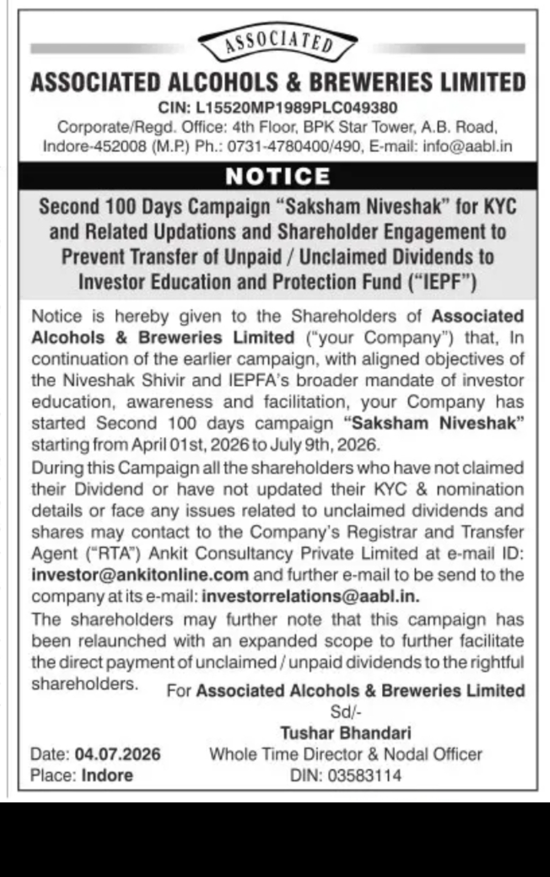 Associated Alcohols & Breweries Limited – Saksham Niveshak Campaign Notice