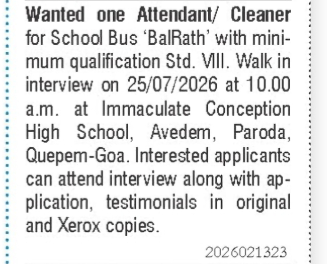 Attendant/Cleaner for School Bus – Quepem, Goa