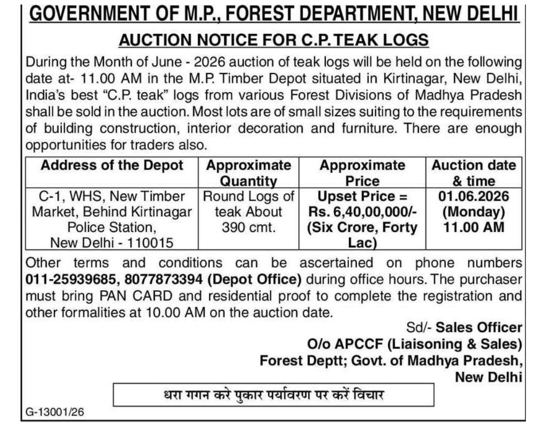 AUCTION NOTICE FOR C.P.TEAK LOGS
