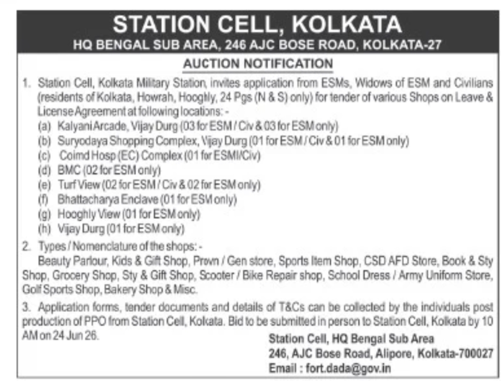 Auction Notification – Station Cell, Kolkata (HQ Bengal Sub Area)