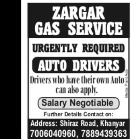 Auto Drivers Required at Zargar Gas Service
