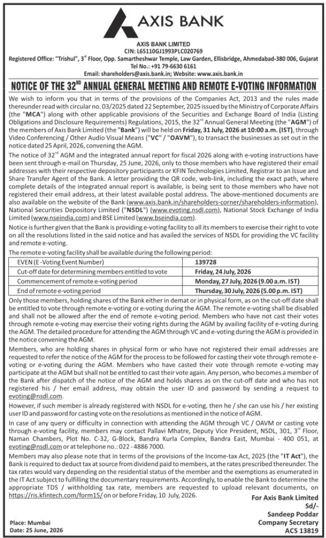 Axis Bank Limited – 32nd Annual General Meeting (AGM) Notice