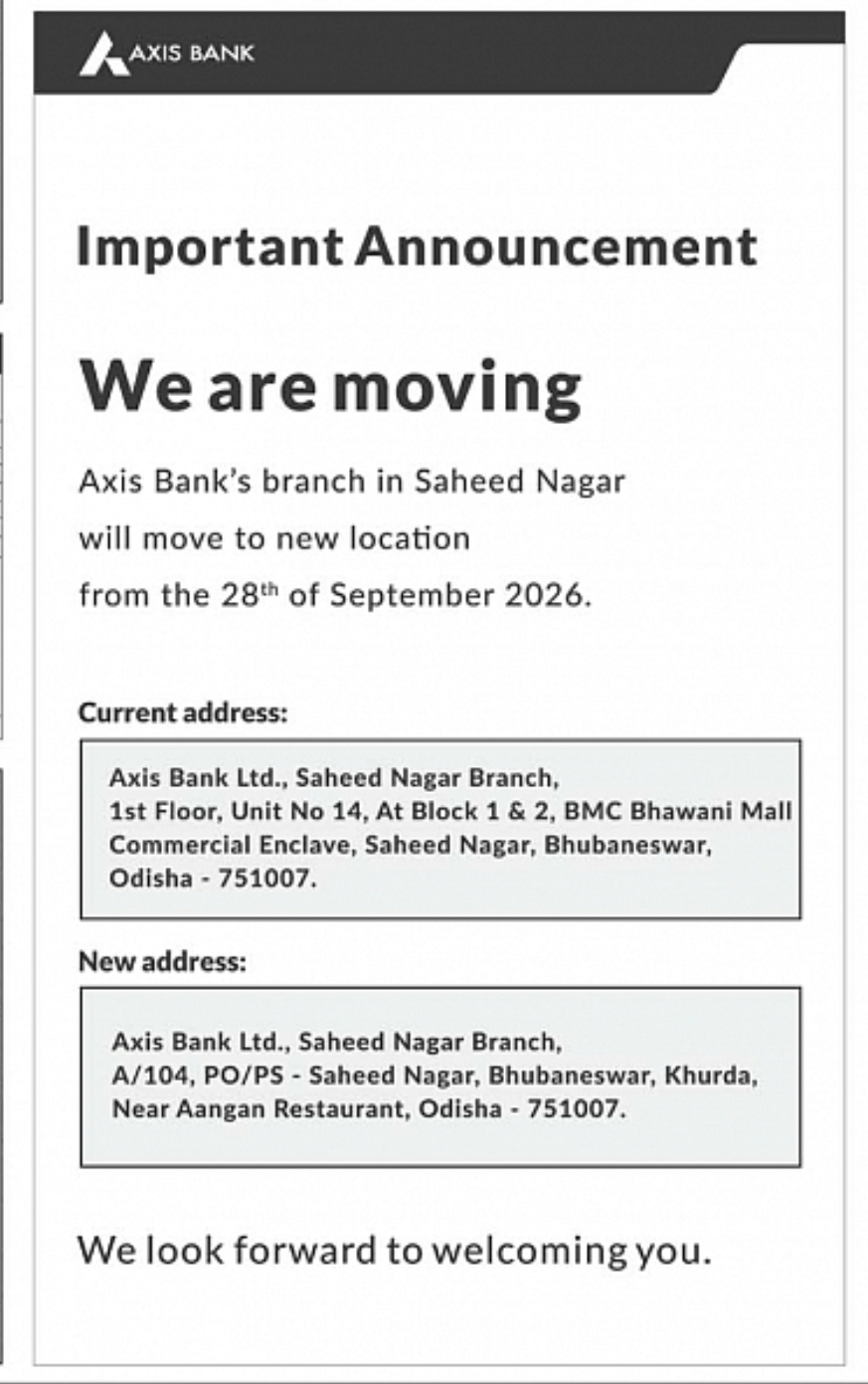 Axis Bank Saheed Nagar Branch Relocation Notice – Bhubaneswar