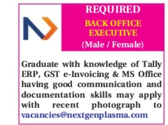 Back Office Executive Required (Male/Female)