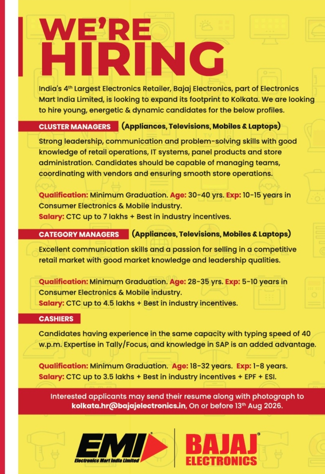 Bajaj Electronics Hiring – Kolkata