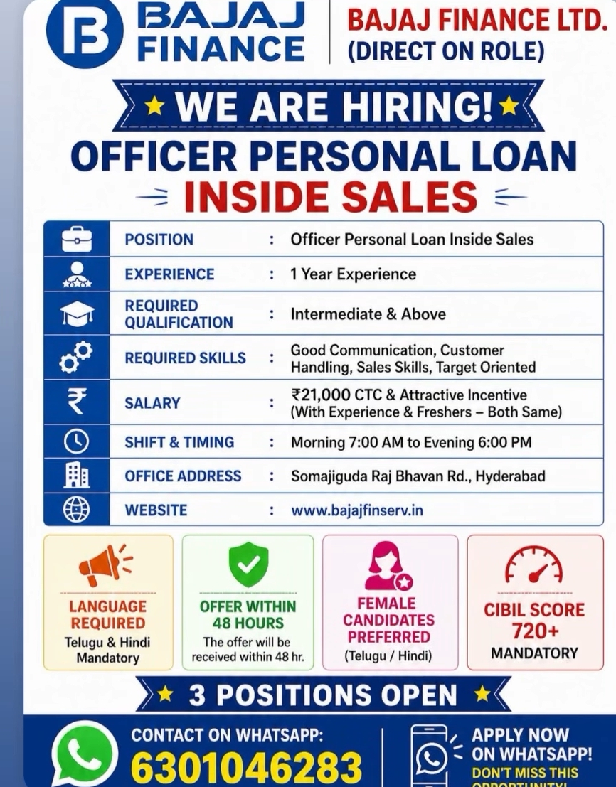 BAJAJ FINANCE LTD. – HIRING NOW (Direct On Role)