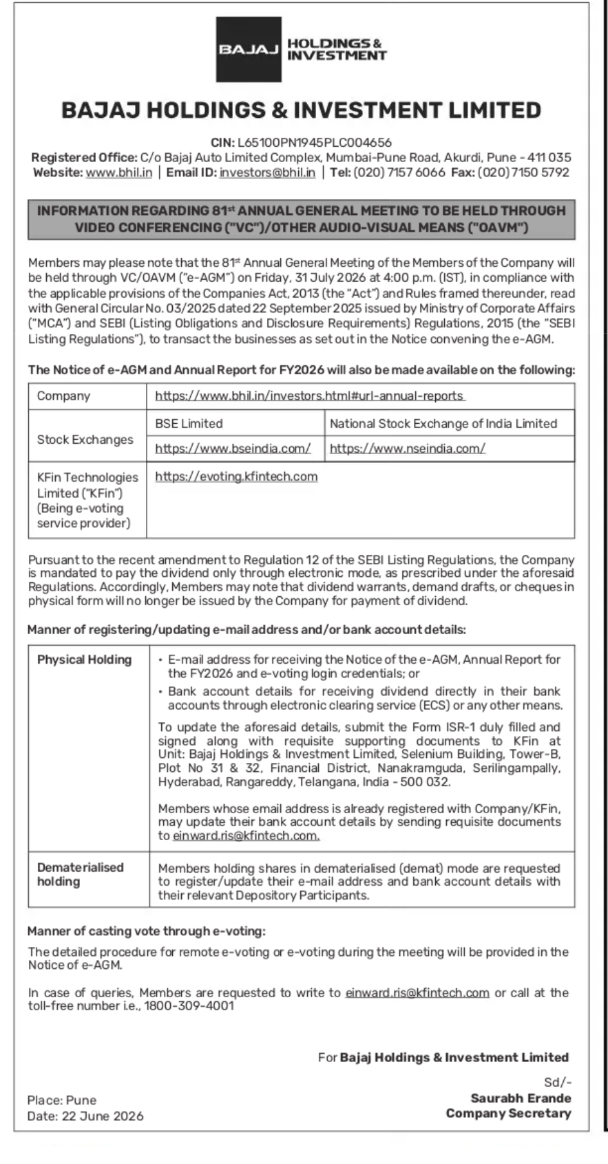 Bajaj Holdings & Investment Limited – Notice of 81st Annual General Meeting (AGM)