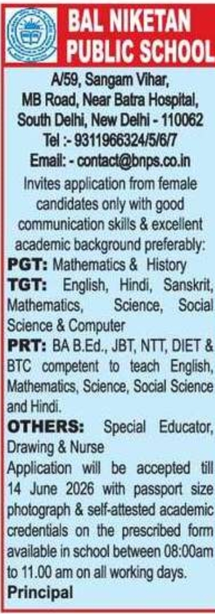 Bal Niketan Public School, Sangam Vihar, Delhi – Recruitment for Teaching and Non-Teaching Staff (PGT, TGT, PRT, Special Educator, Nurse)