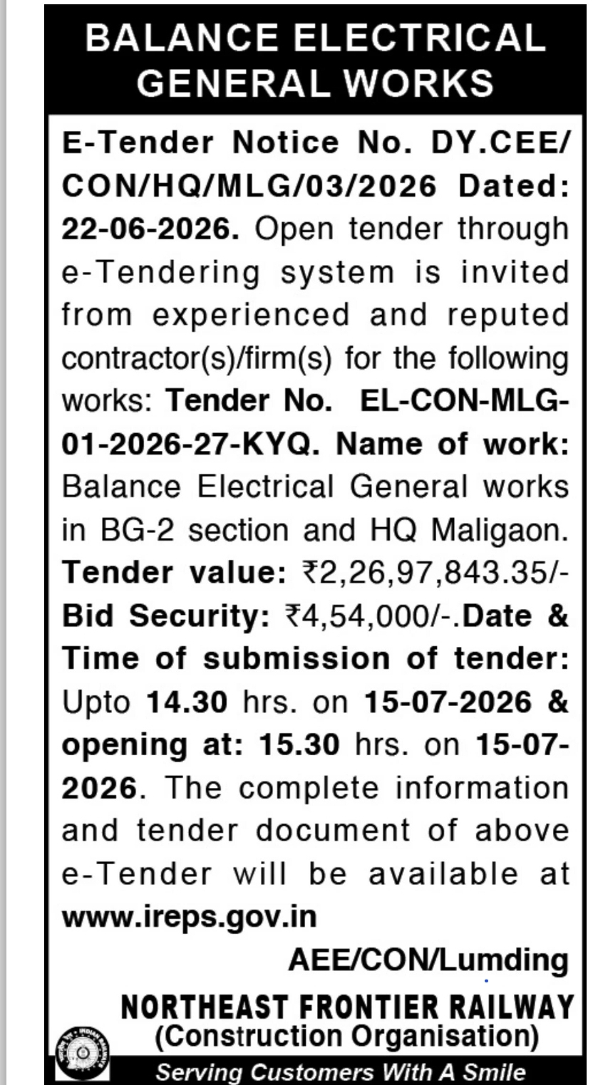 Balance Electrical General Works – BG-2 Section & HQ Maligaon