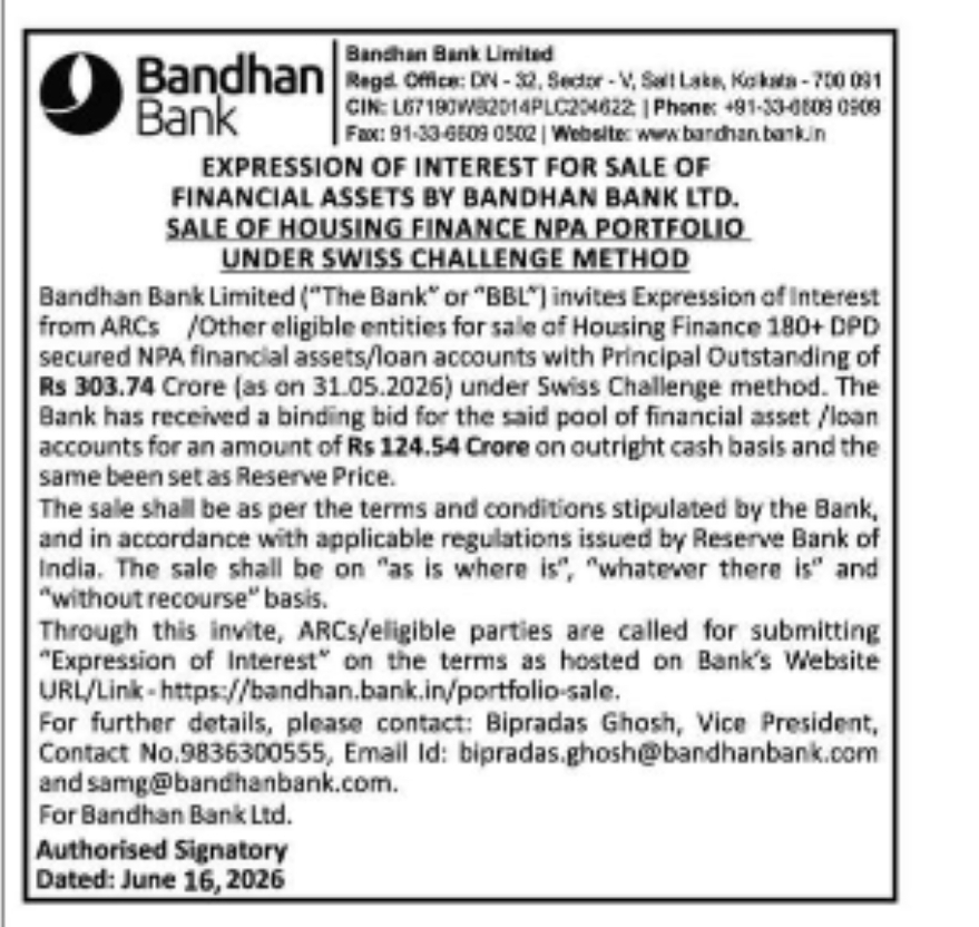 Bandhan Bank Invites EOI for Sale of ₹303.74 Crore Housing Finance NPA Portfolio Under Swiss Challenge Method