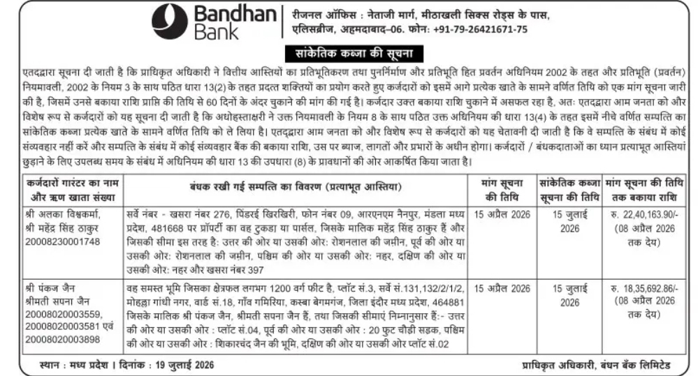 Bandhan Bank Ltd. – Symbolic Possession Notice (Madhya Pradesh)