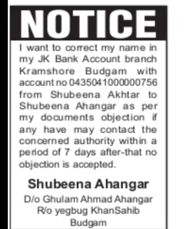 Bank Account Name Correction Notice – Shubeena Ahangar