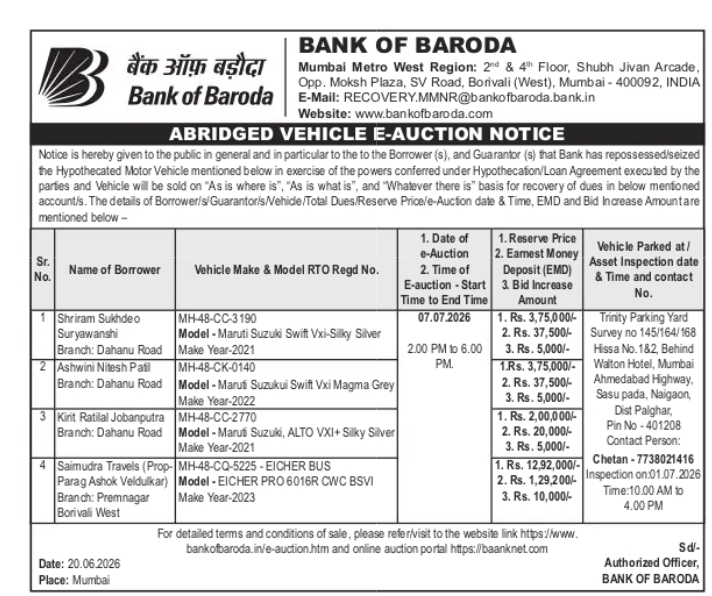 BANK OF BARODA – ABRIDGED VEHICLE E-AUCTION NOTICE