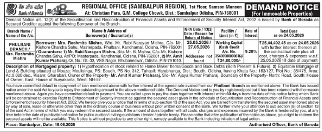 BANK OF BARODA – DEMAND NOTICE UNDER SARFAESI ACT, 2002