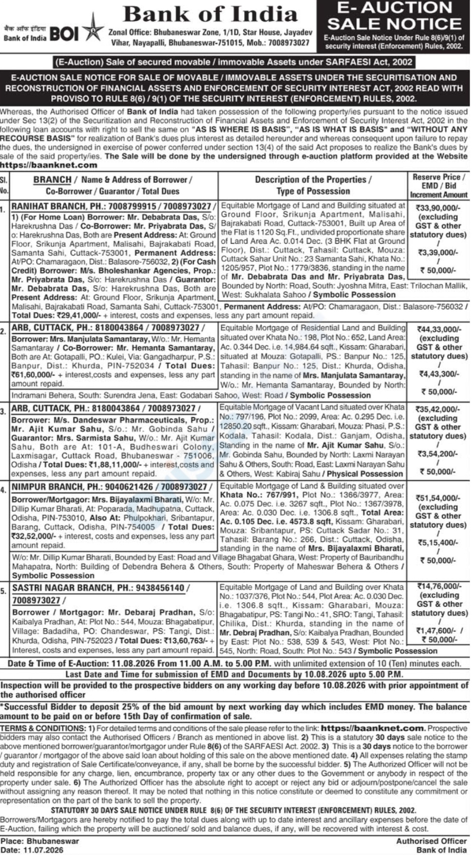 Bank of India E-Auction Sale Notice – Properties in Odisha