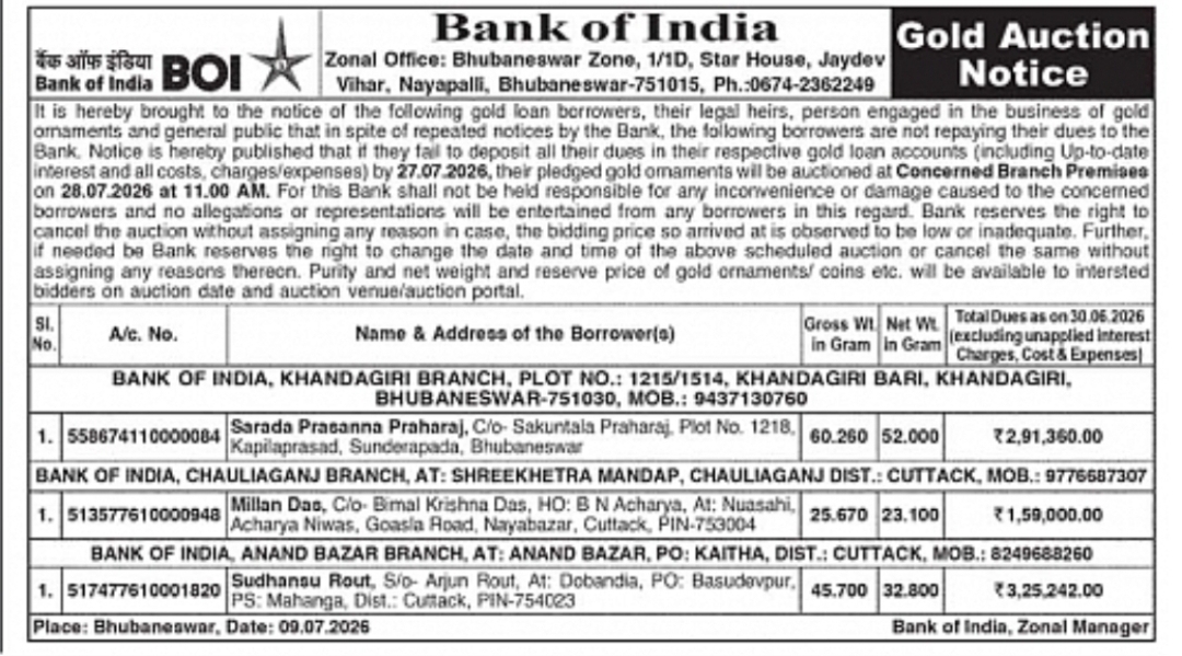 Bank of India Gold Auction Notice – Odisha
