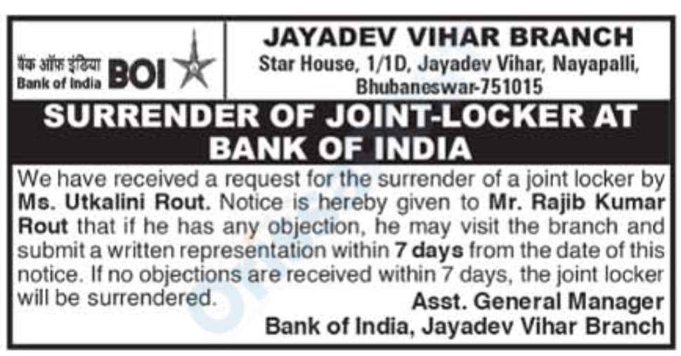 Bank of India Joint Locker Surrender Public Notice – Jayadev Vihar Branch
