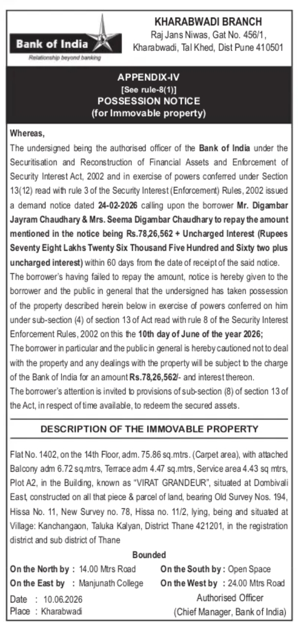 Bank of India Possession Notice under SARFAESI Act – Kharabwadi Branch, Pune (Dombivli East, Thane Property)