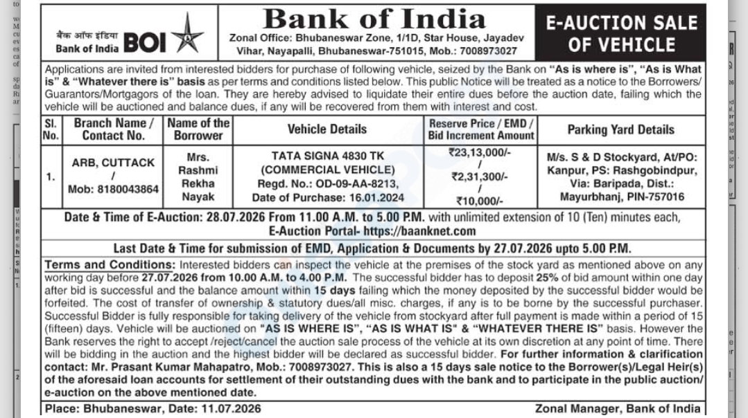 Bank of India Vehicle E-Auction Notice – Tata Signa Commercial Vehicle