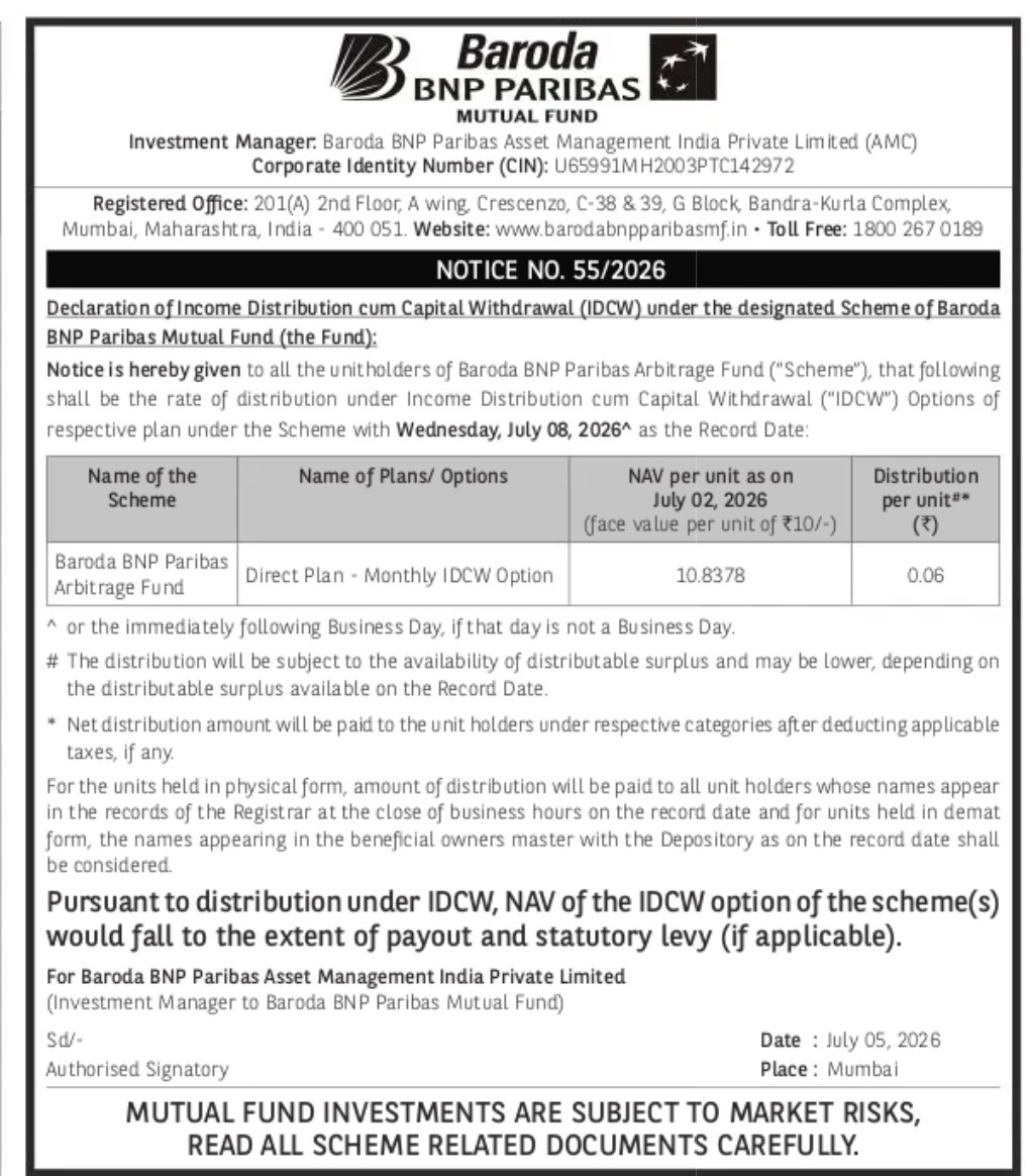 Baroda BNP Paribas Mutual Fund Announces IDCW Distribution for Arbitrage Fund
