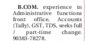 B.Com Candidate Seeking Administrative, Accounts & Front Office Opportunity