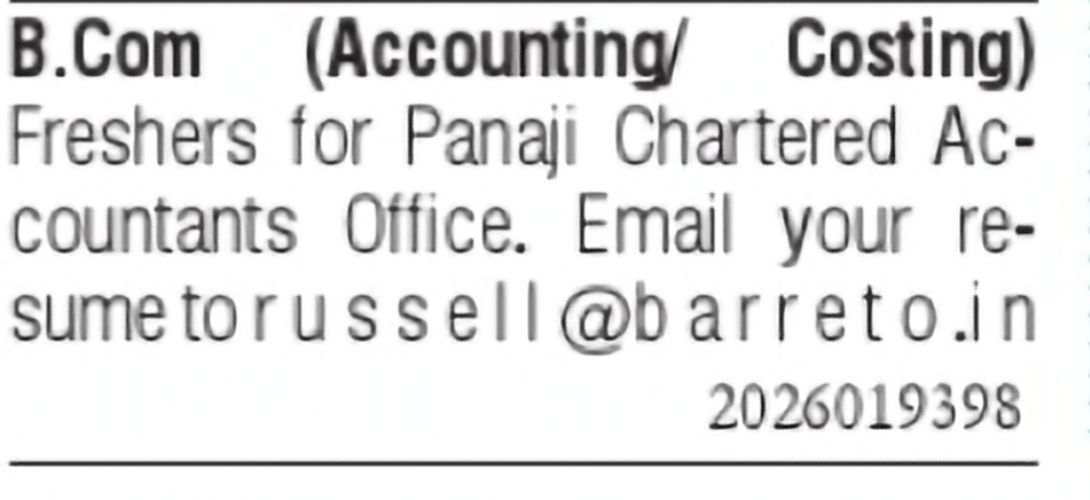 B.Com Freshers Required for Chartered Accountant Office | Panaji