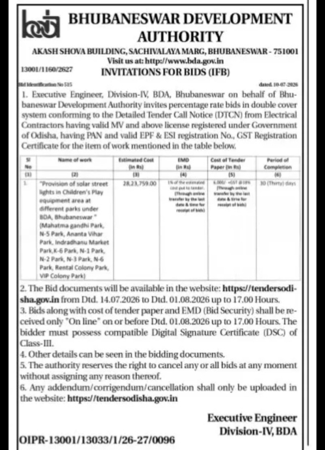 BDA Invites E-Tender for Solar Street Light Installation in Parks
