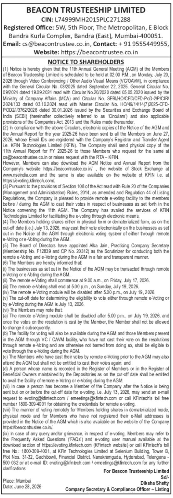 Beacon Trusteeship Limited – Notice of 11th AGM and E-Voting Information