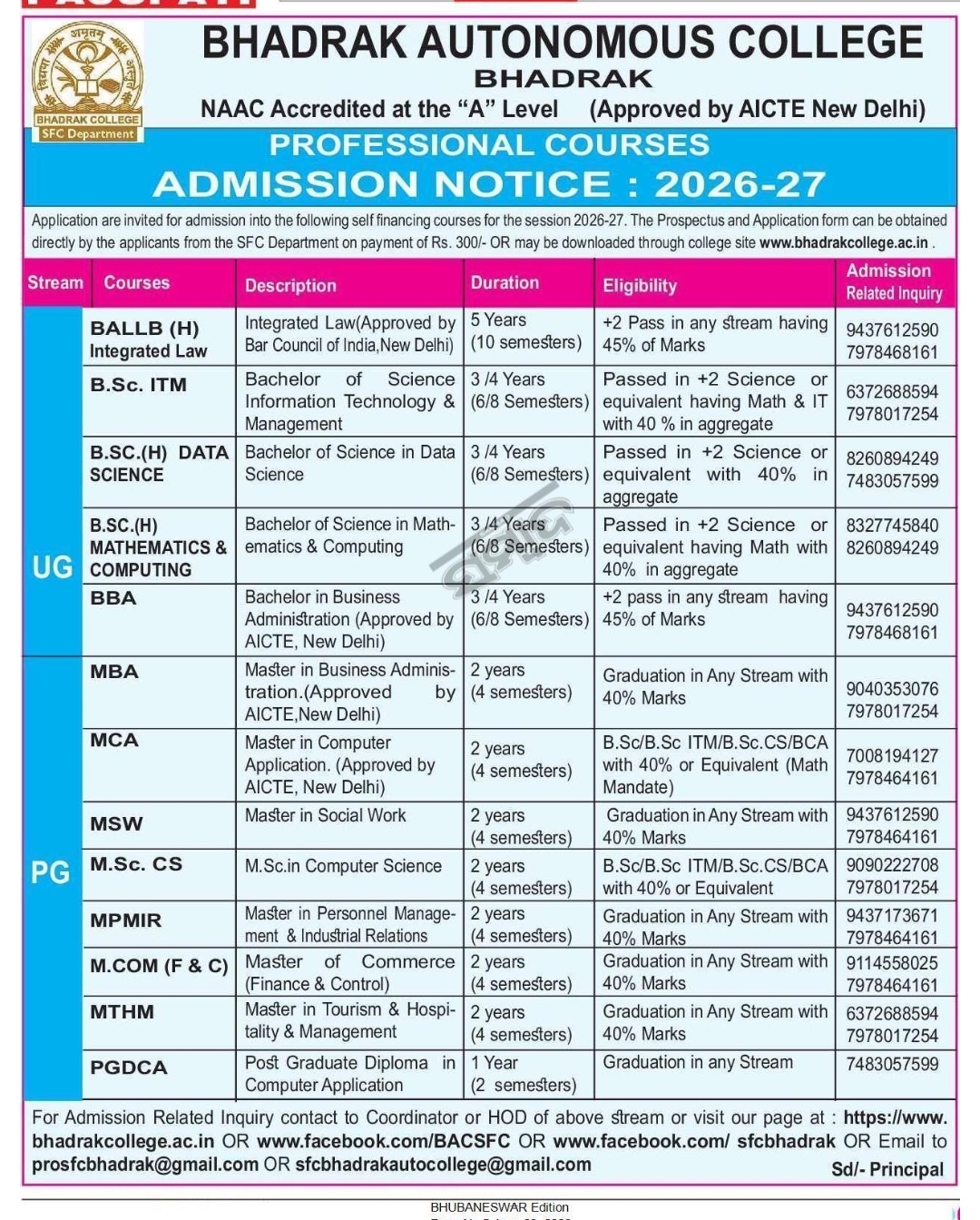 BHADRAK AUTONOMOUS COLLEGE, BHADRAK Bhadrak Autonomous College  ADMISSION NOTICE 2026–27