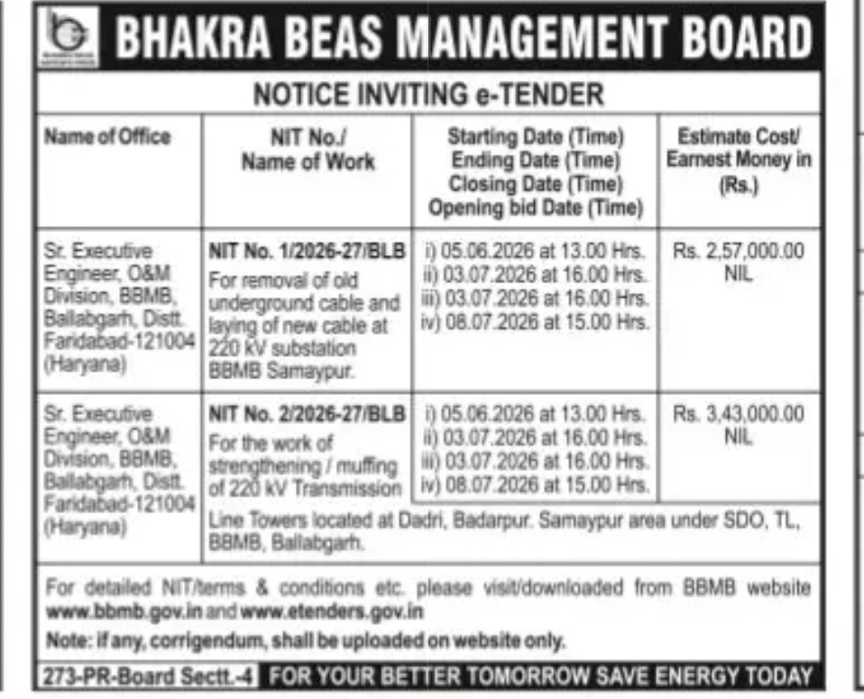 BHAKRA BEAS MANAGEMENT BOARD (BBMB) NOTICE INVITING e-TENDER