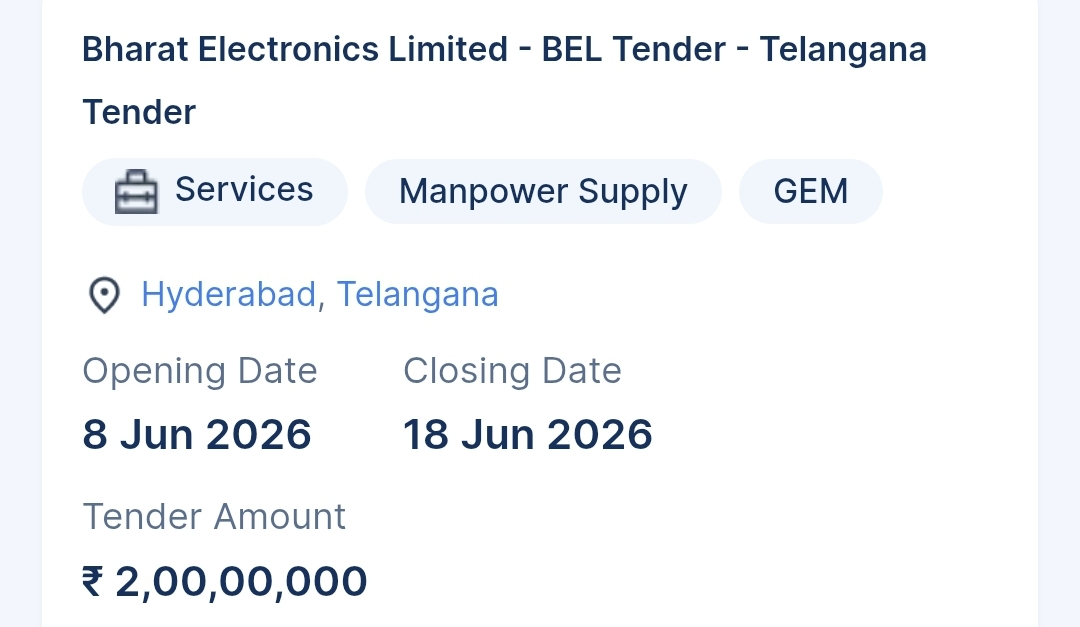 Bharat Electronics Limited - BEL Tender - Telangana Tender