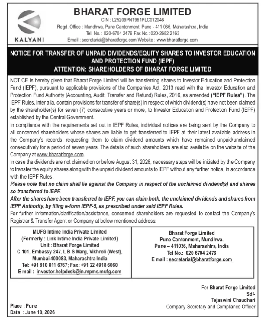Bharat Forge Limited – Notice for Transfer of Unpaid Dividends and Equity Shares to IEPF