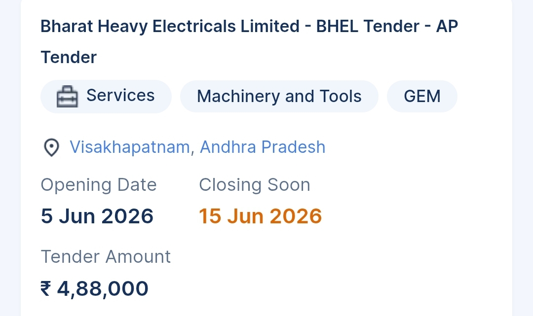 Bharat Heavy Electricals Limited - BHEL Tender - AP Tender