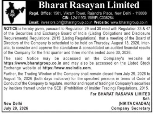 Bharat Rasayan Limited – Board Meeting Notice for Q1 FY 2026-27 Financial Results