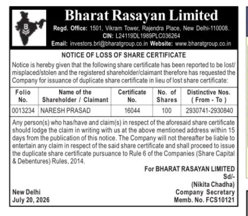 Bharat Rasayan Limited – Notice of Loss of Share Certificate