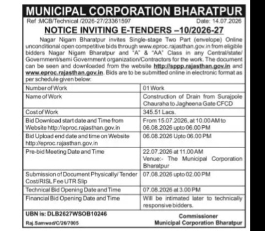 Bharatpur Municipal Corporation Tender – Drain Construction Work