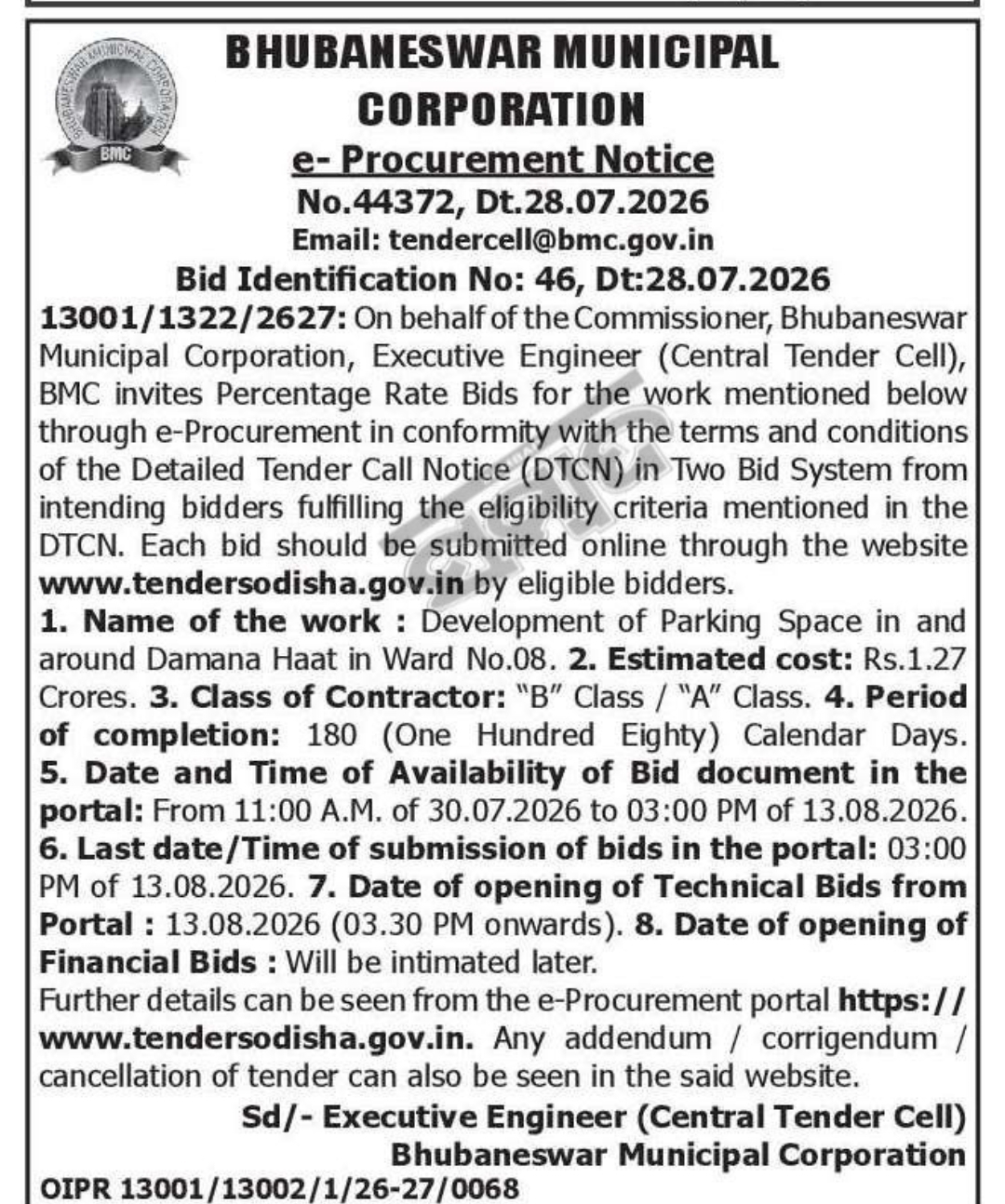 Bhubaneswar Municipal Corporation Invites E-Tender for Development of Parking Space at Damana Haat, Ward No. 08