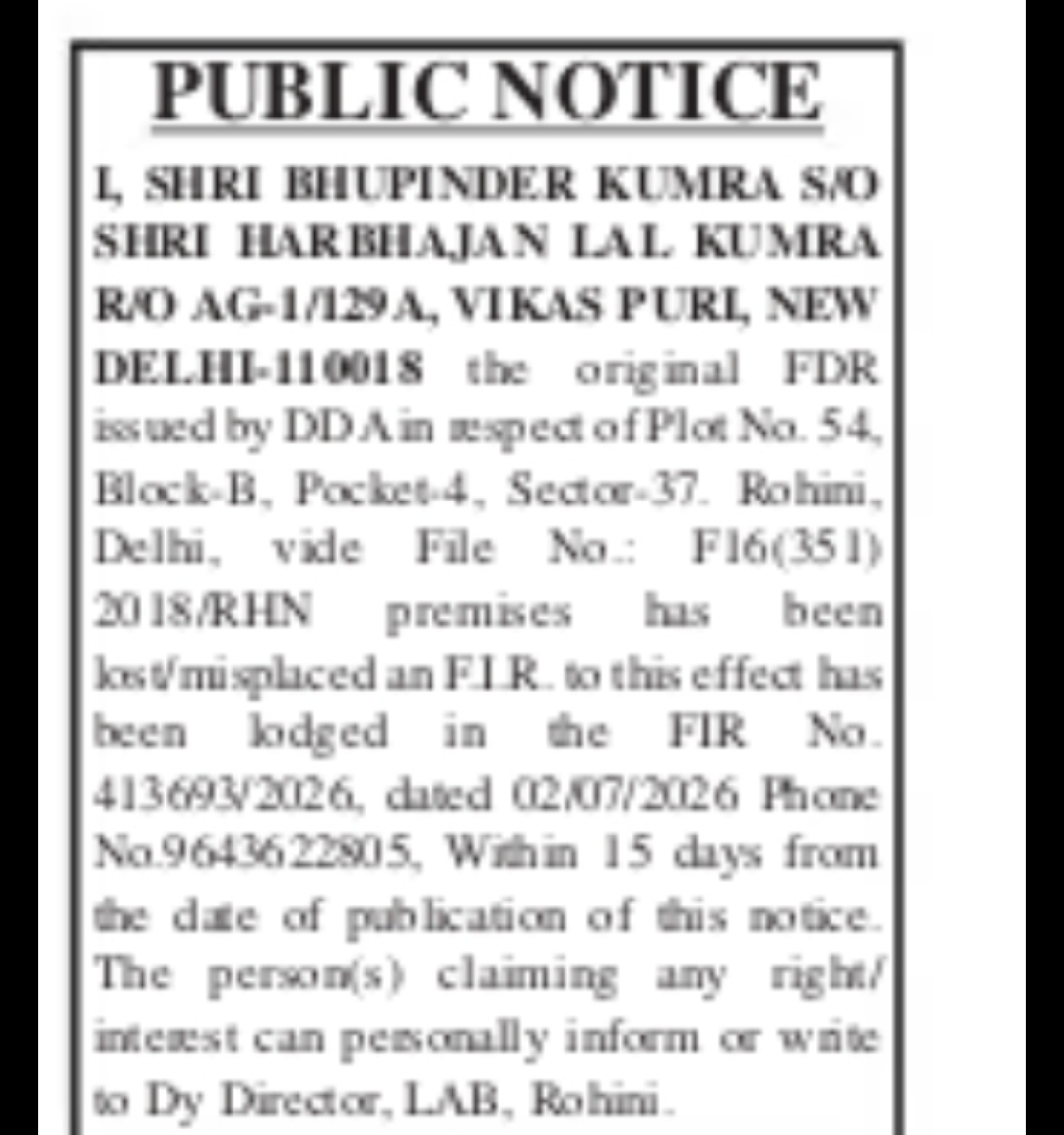 BHUPINDER KUMRA – LOST FDR NOTICE