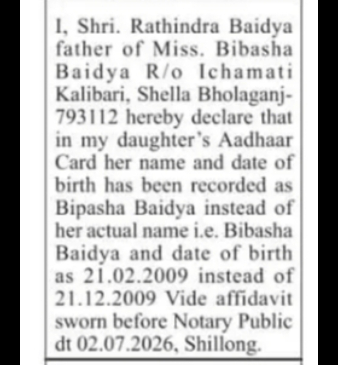 Bibasha Baidya – Aadhaar Name and Date of Birth Correction Declaration