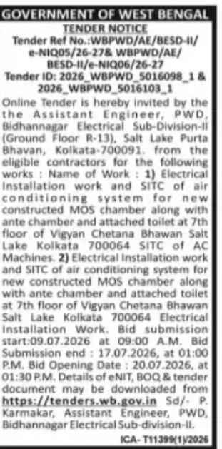Bidhannagar Electrical Sub-Division-II, PWD – e-Tender Notice