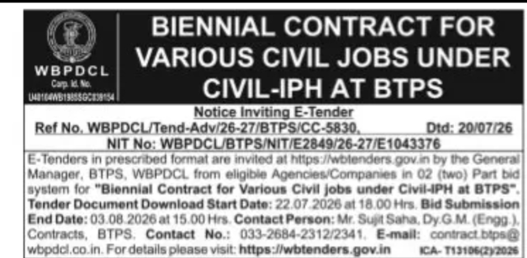 Biennial Contract for Various Civil Jobs Under Civil-PH at BTPS (WBPDCL)