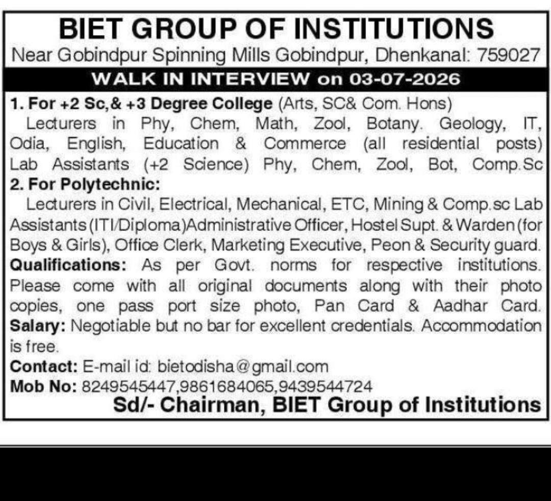 BIET GROUP OF INSTITUTIONS – WALK-IN INTERVIEW