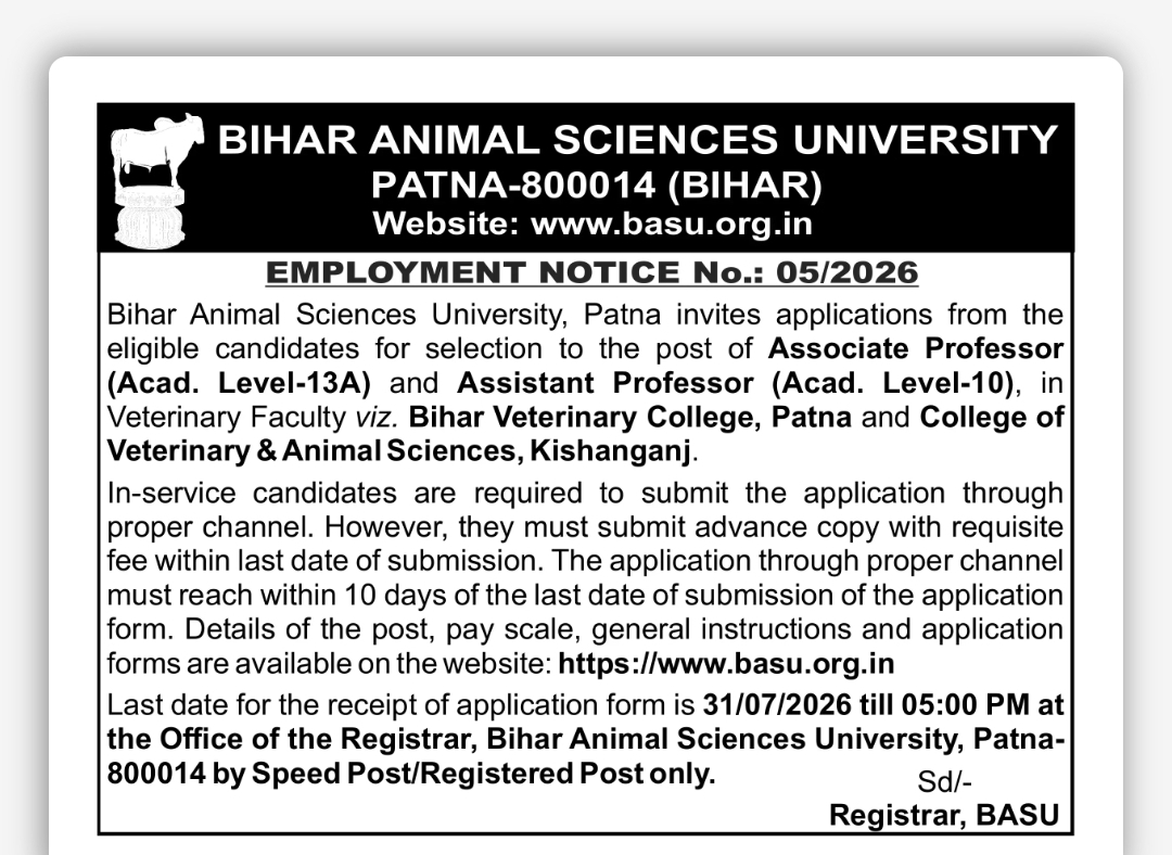 Bihar Animal Sciences University Recruitment 2026 – Faculty Positions Available